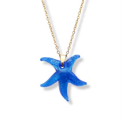 Collanina acciaio stella marina in vetro blu